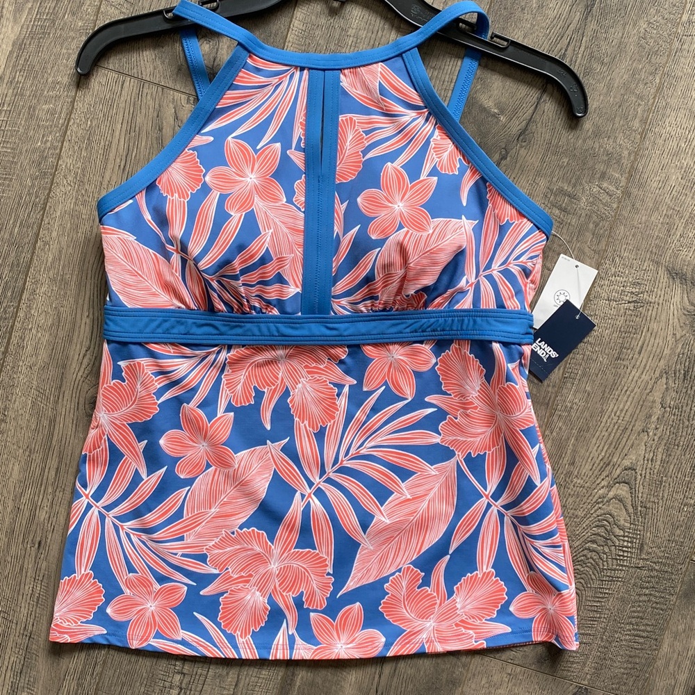 NWT Tropical Blue LANDS END Keyhole High Neck Tankini Top - Sz 8 - Picture 2 of 7